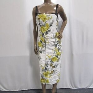 Anthropologie Yellow Rose Floral Sleeveless Midi Cocktail Dress 4 White/Yellow